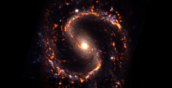 NGC 4535 is a grand design spiral galaxy with stellar bar morphology, s-shaped in red, orange, white and some purple elements shown in this composite
